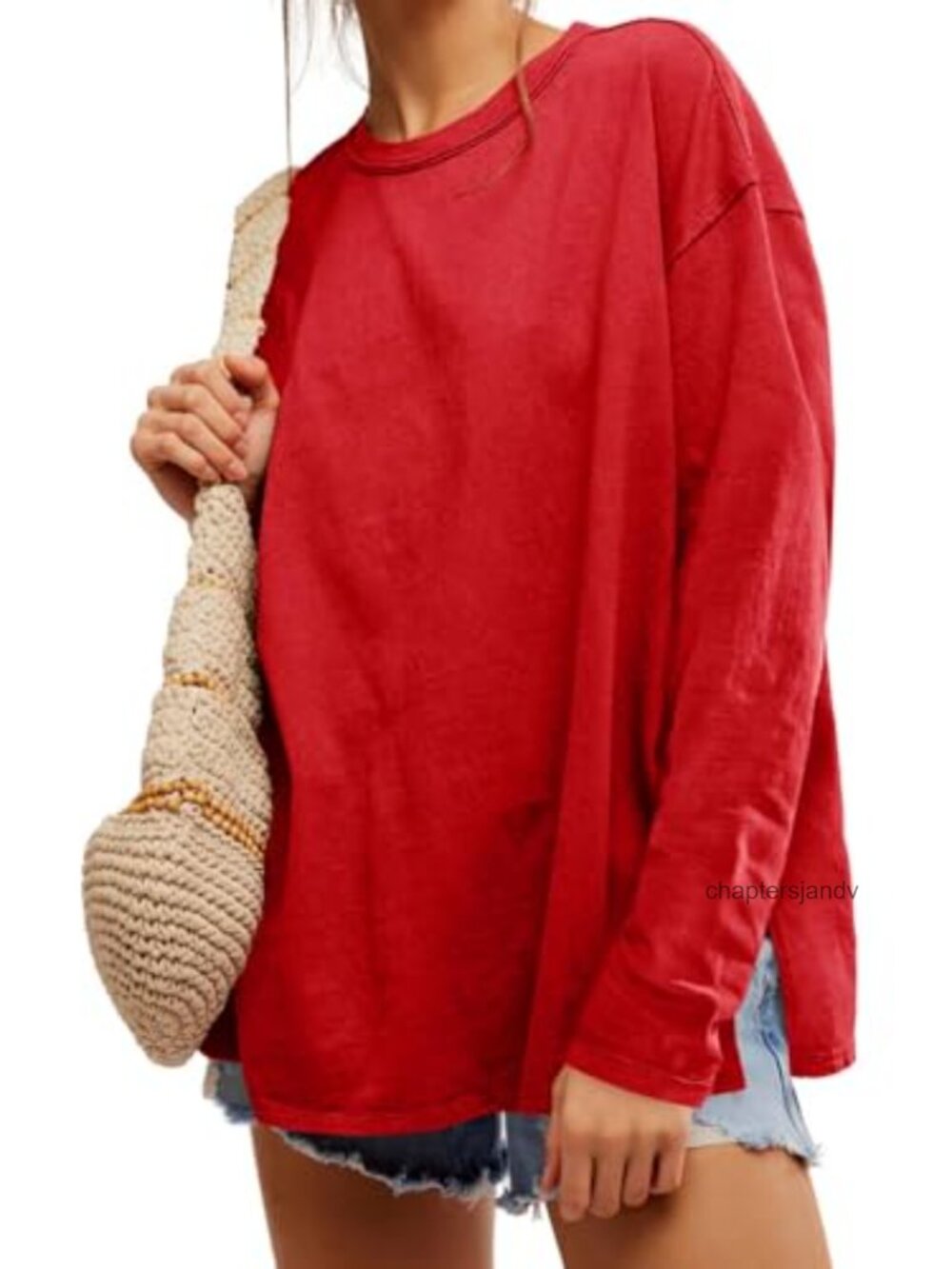 Oversized Long Sleeve Crew Neck Tee Side Slit Casual Fall Top